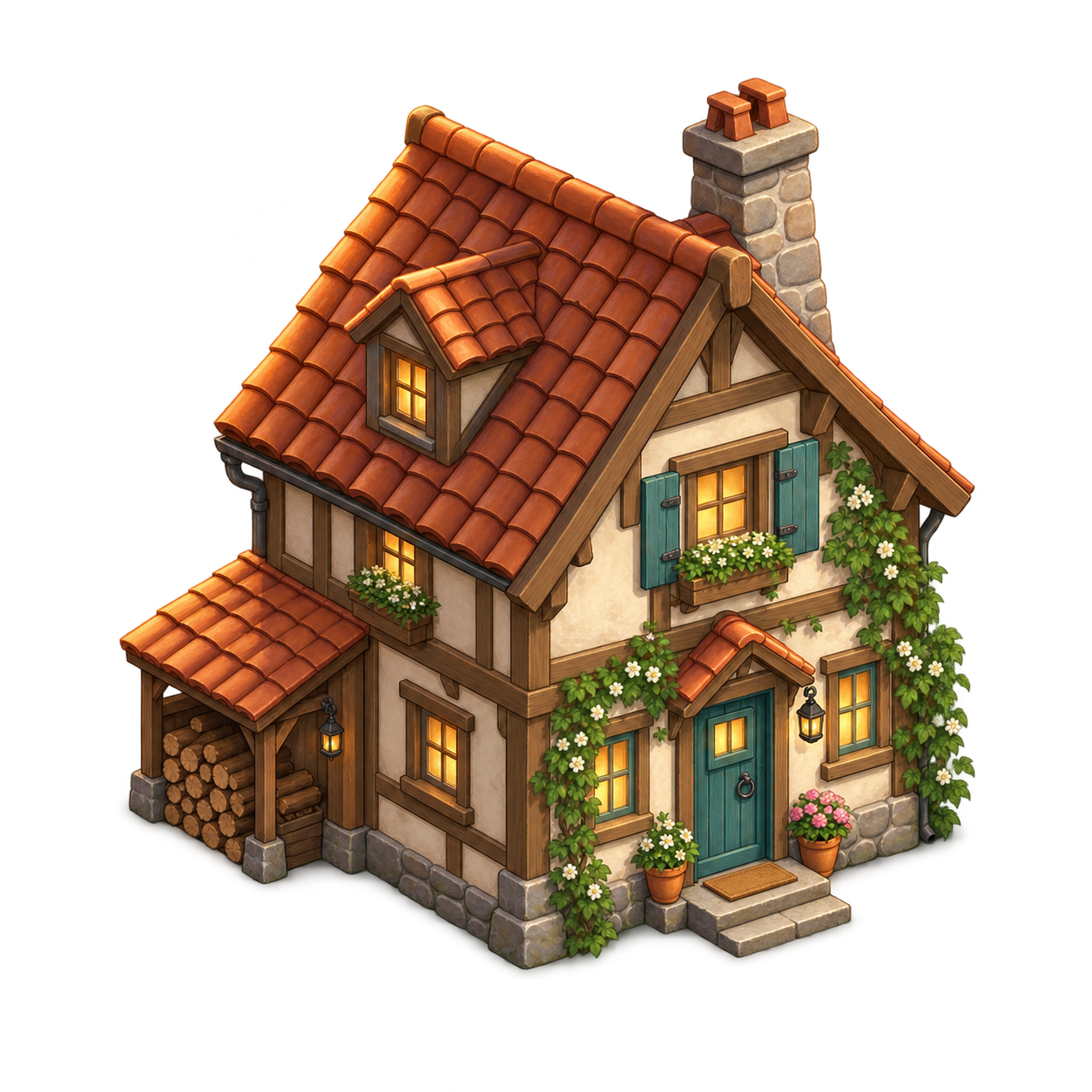 A cozy timber farmhouse with a terracotta roof