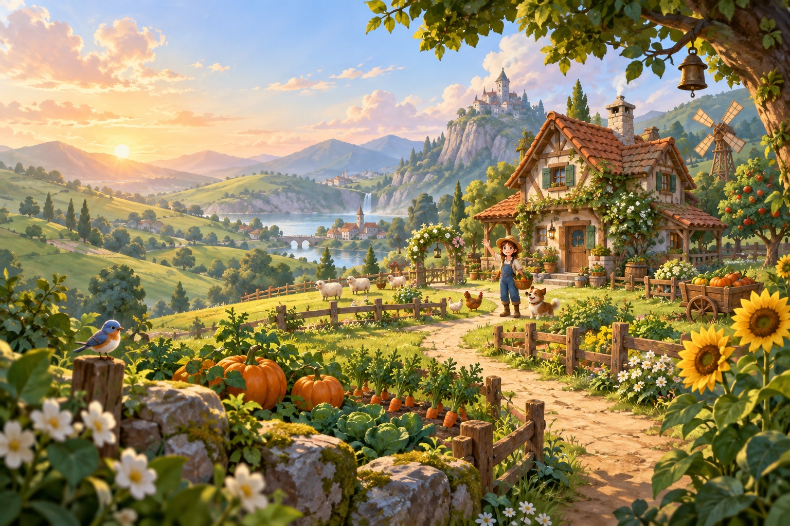 Concept artwork of a welcoming farmhouse above a sunlit valley